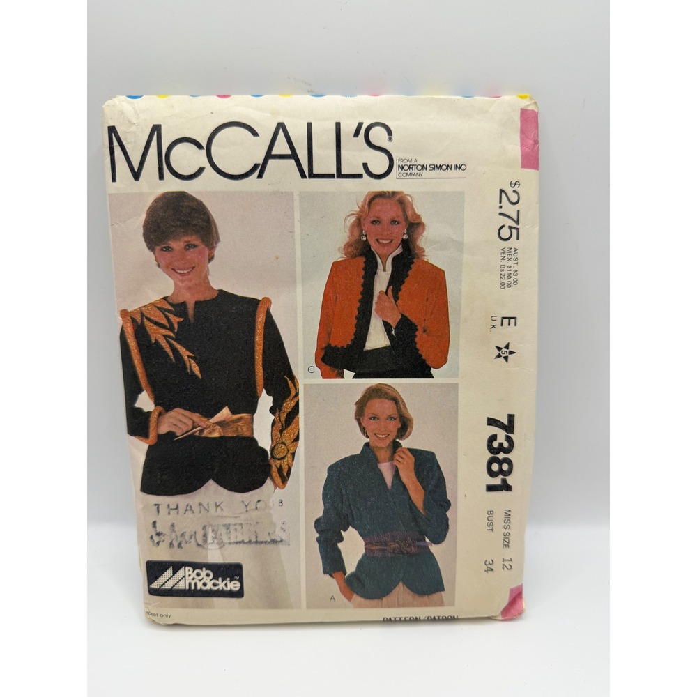 McCall's 7381 Bob Mackie Vintage 1980 Sewing Pattern Misses Jacket Size 12